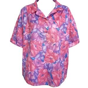 Just Oscar Womens Short Sleeve Floral Pink Purple Vintage 70s Top Shirt sz L